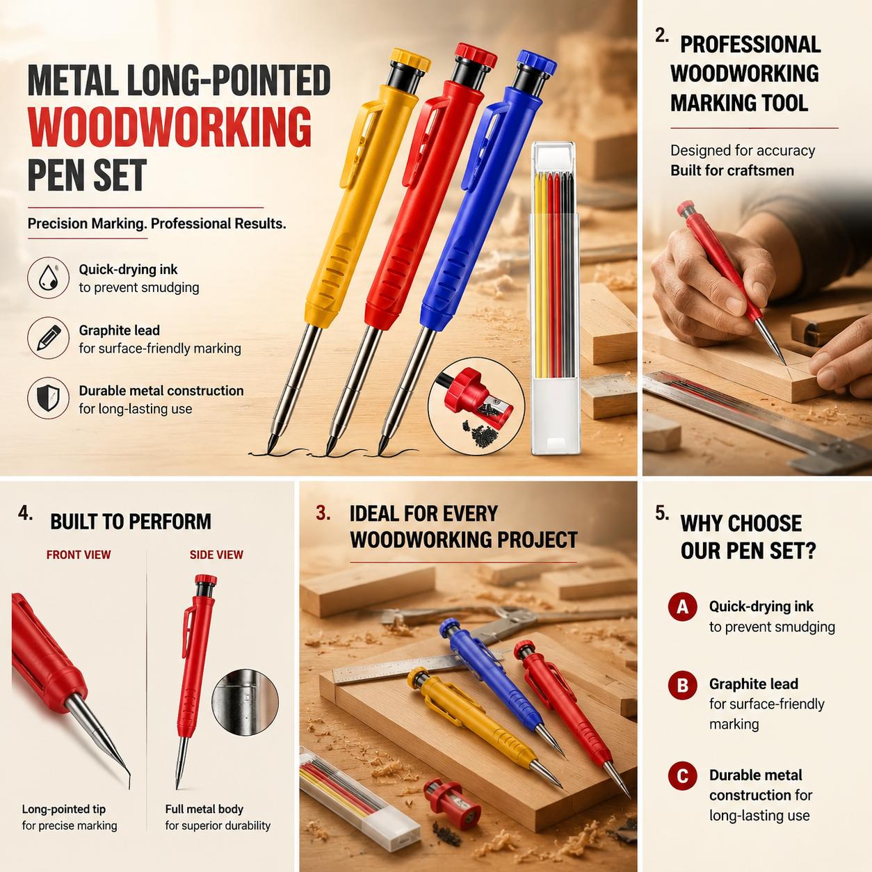 Workshop Tools In Engineering - Professioneller Metall-Langspitzen-Zimmermannsbleistift für Tieflochmarkierungen, Graphitmine, Schnelltrocknender